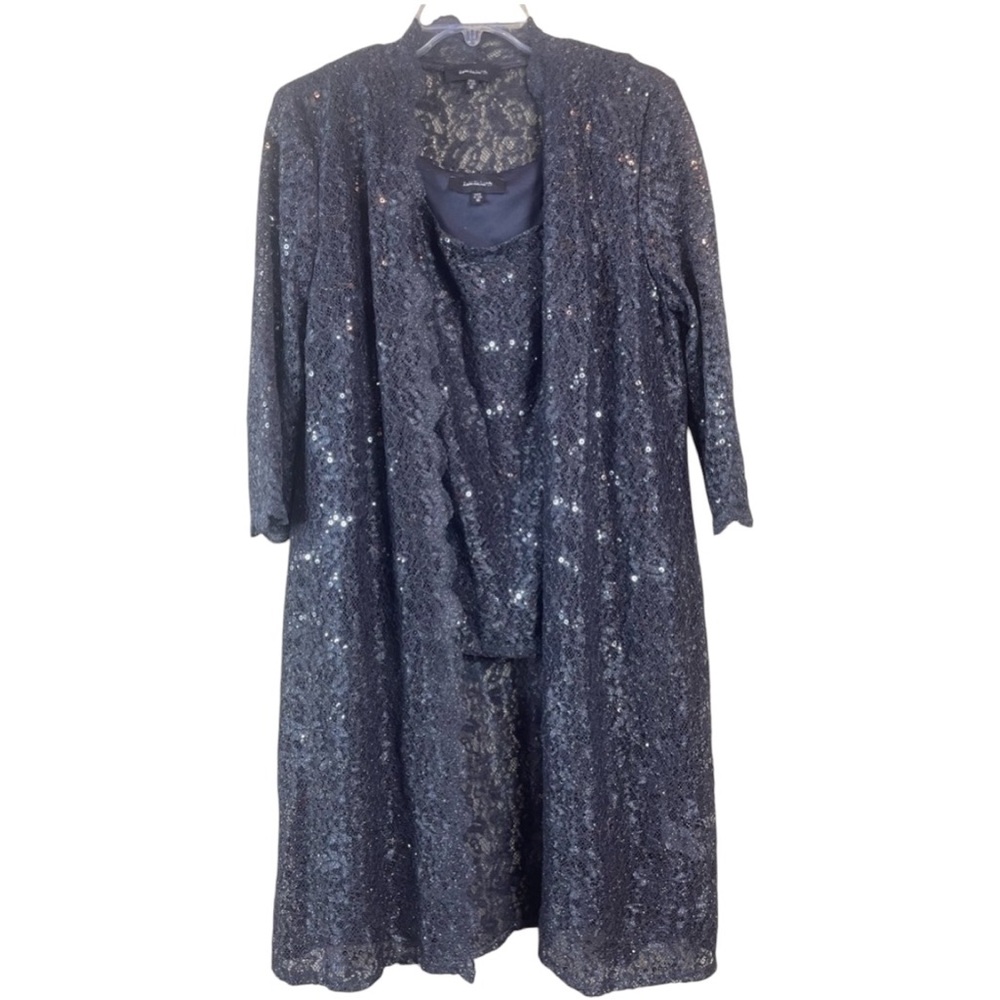 R & M Richard’s Gray Lace & Sequined Scalloped Edged Long Jacket & Top Size 10